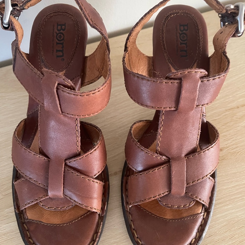 Born Chenille Tamarind Strappy Brown Leather Sandals Slingback Heels Size 6